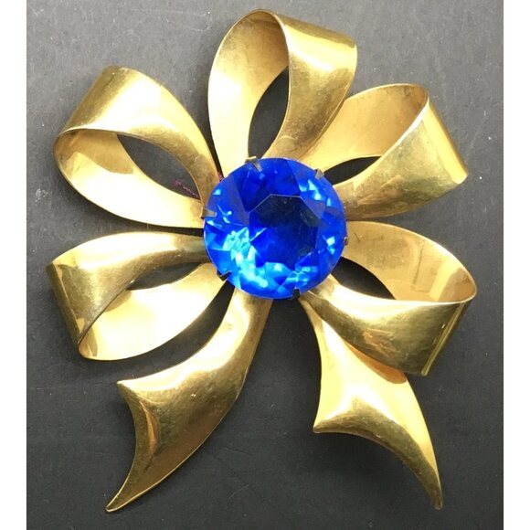 Kilpatrick Gold Filled  Brooch Pin  Bow Dark Blue Glass Prong Set Christmas - Picture 1 of 2